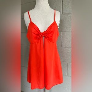 Vtg 70s VAN RAALTE Coral Orange Silky Nylon Bow Tank Lingerie Slip Top 36 As Is
